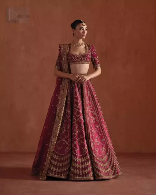 Full Reception Look: Full-length view of the Deep Fuchsia Lehenga and Blouse, a glamorous raw silk ensemble designed for first-day