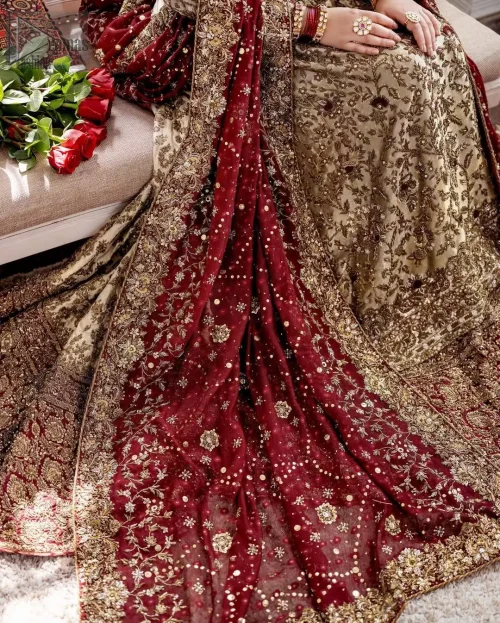 Back view of ivory tissue silk long shirt and farshi lehenga train.