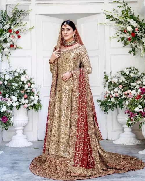 Ivory tissue silk long shirt and farshi lehenga paired with a red organza dupatta for wedding receptions.