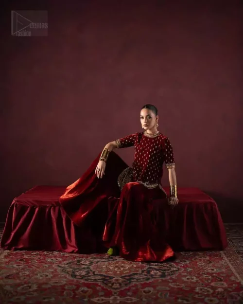 Antique pure silk dupatta with kiran lace borders draped fully.