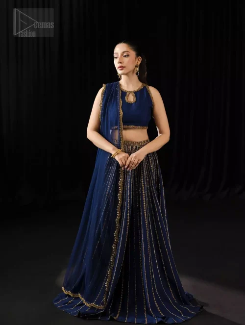 The fit and flare lehenga swirls in royal rhythm to create a symphony of confidence and beauty.