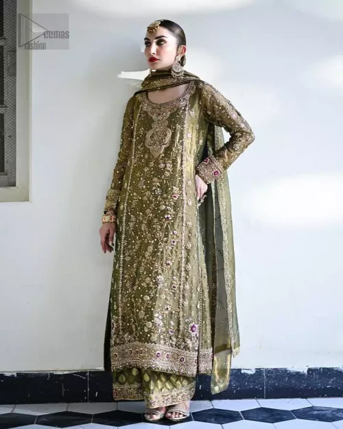 This olive green long shirt and palazzo outfit showcases rich jamawar and tissue silk, detailed with graceful silver and golden