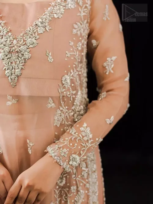 Pure katan organza fabric texture with dabka, pearls, and Swarovski crystals.