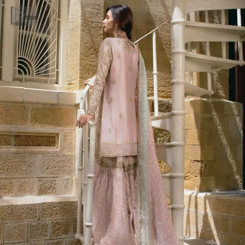 Rear view of pastel pink short shirt and wide-flare katan organza gharara.