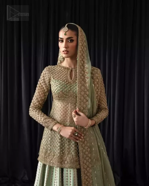 Pure silk pistachio lehenga featuring geometric embroidery patterns on the bottom border.