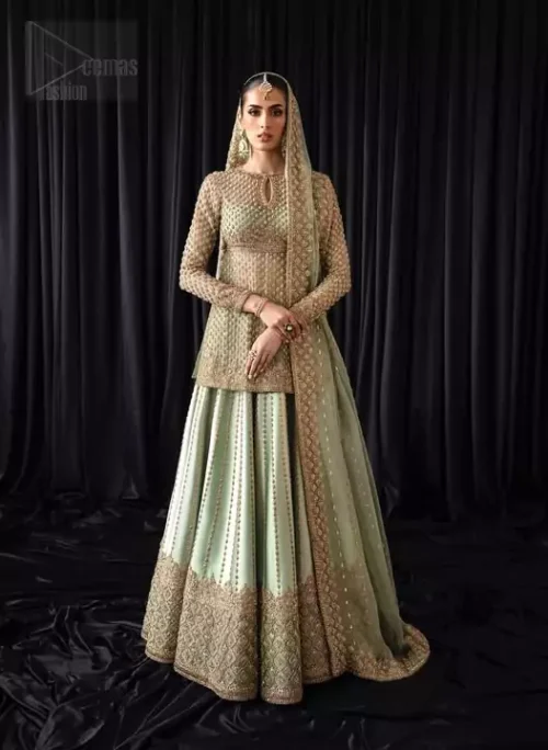 Pistachio pure organza short shirt and silk lehenga styled for a traditional mosque Nikah ceremony.