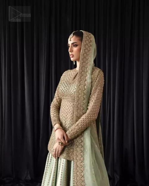 Tailored full sleeves and pure katan organza fabric on pistachio Nikah shirt.
