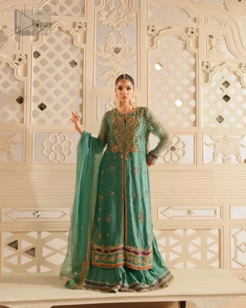 Lower flare and finished edges of sea green crushed sharara.