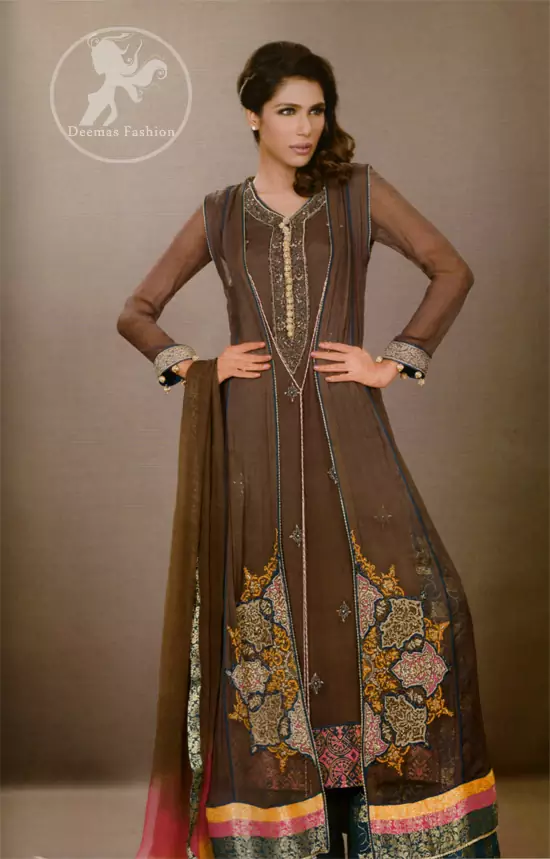 Dark-brown-front-open-casual-wear-gown-and-straight-trouser