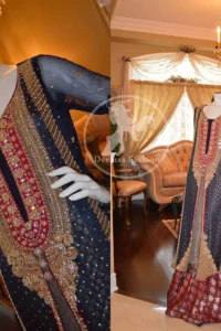 Dark Grey Front Open Gown Deep Red Lehnga and Dupatta