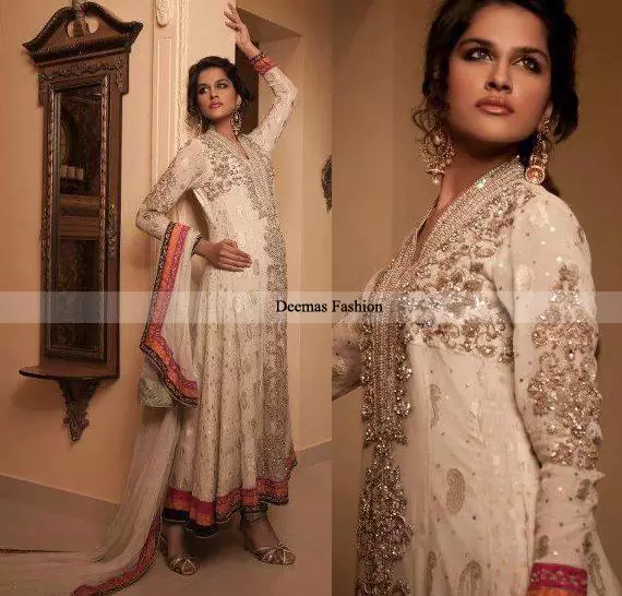 Designer Collection Elegant White Anarkali Frock Churidar