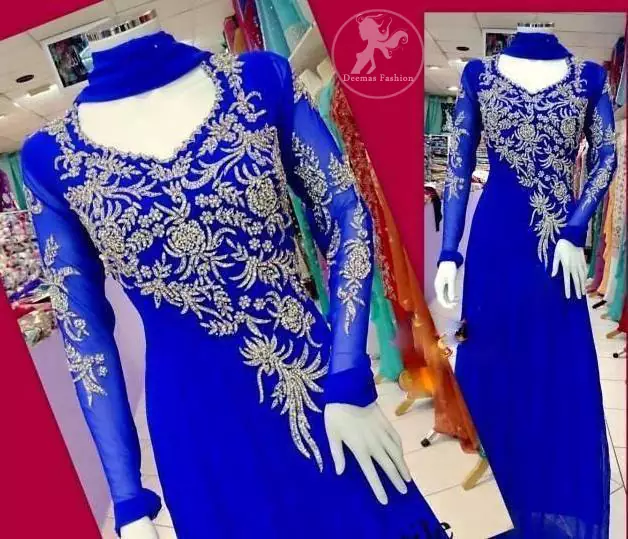 Electric-Blue-Aline-Frock-and-churidar-with silver-embellishment