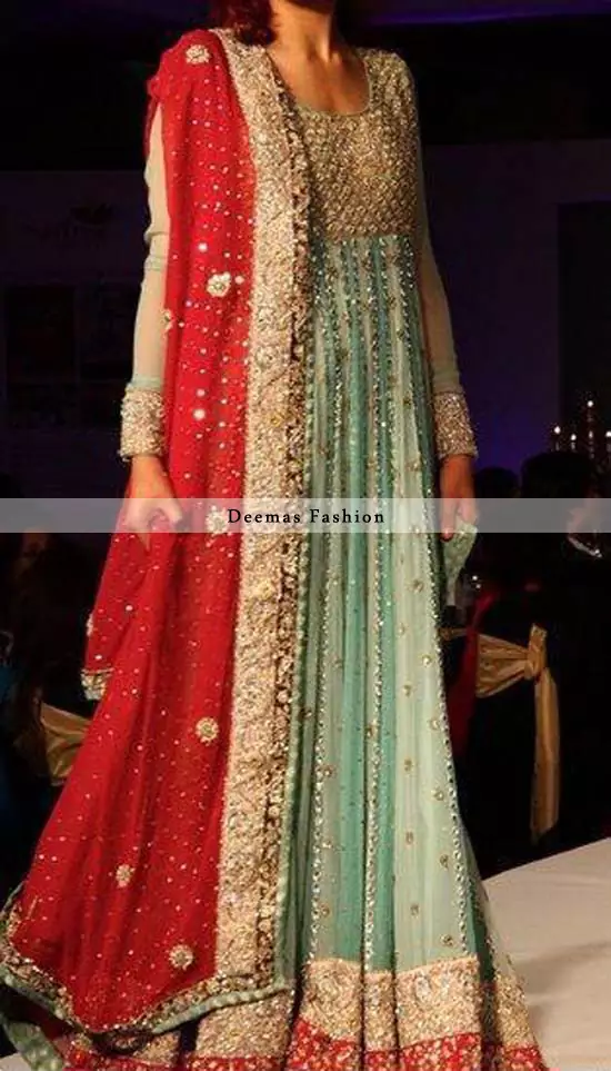 Latest Pakistani Bridal Pishwas Pistacho Green Red 2013