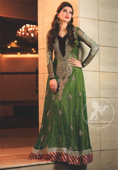Latest Pakistani Mehndi Wear Bottle Green Frock With Embellished Long Neckline
