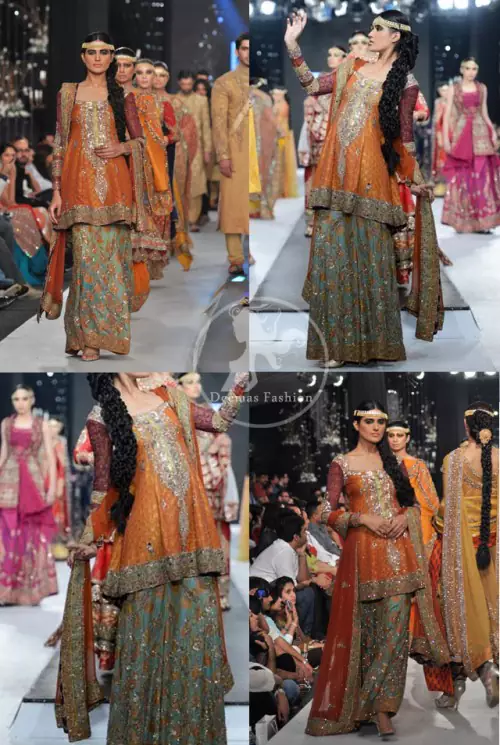 Orange Mehndi Wear Frock Embroidered Sharara