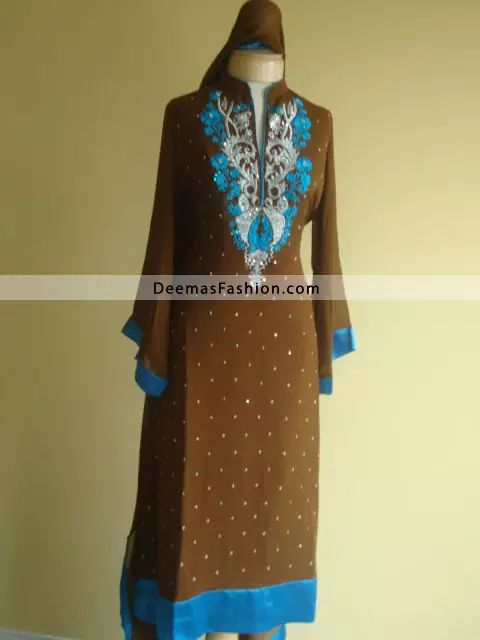 Pakistnai-Casual-Wear-Brown&fFerozi-Embroidered-Dress