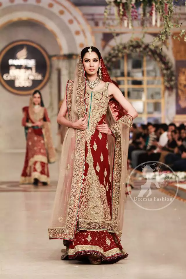 Wedding-Outfit-Deep-red-heavy-A-line-shirt-lehnga-with-light-fawn-dupatta
