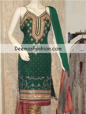 Bottle Green Red Formal Party Wear Dress
