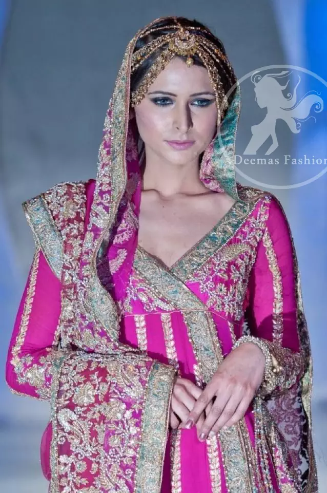 Close up picture of Shocking Pink Bridal Wear Anarkali Pishwas Dress