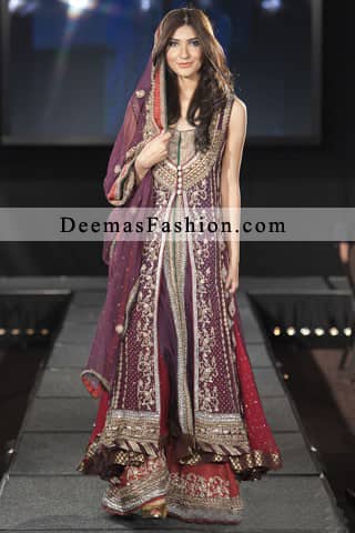 Latest Pakistani Bridal Collection 2011 Red Dark Purple Front Open Gown Sharara