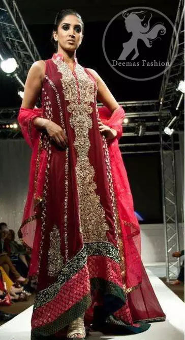Maroon And Pink Heavy Embroidered Bridal Frock
