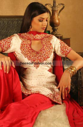 Latest Pakistani Ladies Wear Off White Red Shalwar Kameez