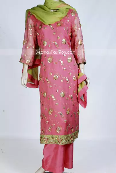 Pink crinkle chiffon long shirt features classic subtle floral and leaf embroidery work on front and sleeves